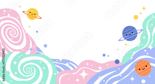 Pastel cosmic dreamscape with happy planets and swirling clouds ideal for children