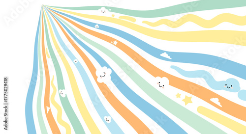 Pastel rainbow spectrum with cheerful cloud characters and scattered stars for kids designs