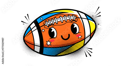 Playful american football with kawaii expression and halftone effects for digital design