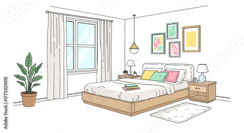 Serene bedroom illustration with natural light and minimalist décor, a tranquil and inviting space
