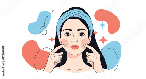A young woman with a blue headband gently presses her rosy cheeks, emphasizing plump and healthy skin and a radiant complexion, symbolizing beauty.
