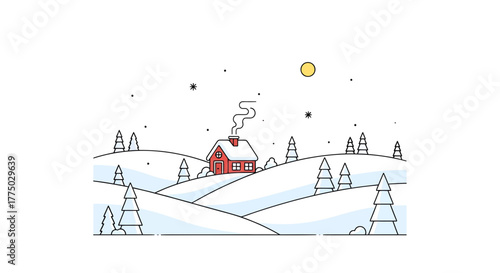 Serene Winter Landscape with Cozy Cabin, Snow-Covered Hills and Simplistic Line Art Style