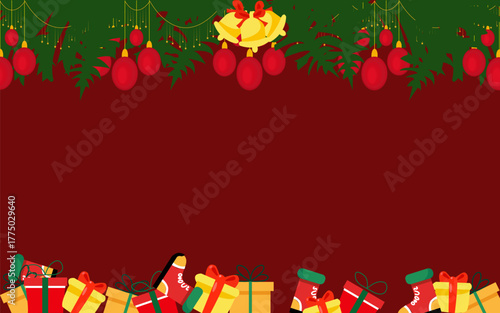 Festive Christmas background with a deep red backdrop, framed by pine branches, red ornaments, golden bells, and a pile of colorful wrapped gifts at the bottom. Perfect for holiday greetings