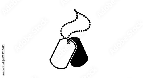 Silhouette illustration of two dog tags hanging from a beaded chain symbolizing identification