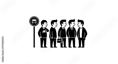 Silhouetted commuters wait patiently at a bus stop, one checks his watch, while others converse,