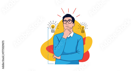 A man thoughtfully considers multiple ideas or options represented by lightbulbs, pondering solutions and making decisions.