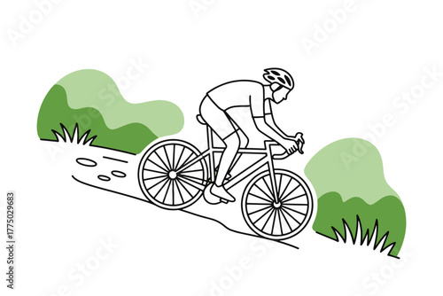 Cyclist riding bicycle outdoors along nature trail vector illustration design