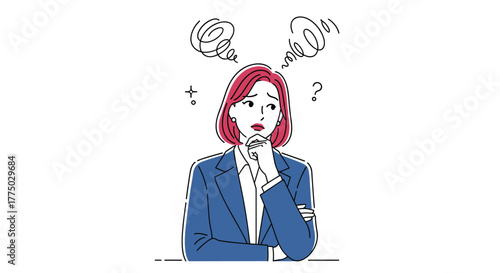 A thoughtful professional woman in a suit appears perplexed and uncertain, contemplating a difficult problem or complex decision.