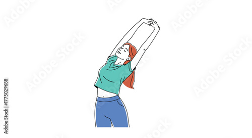 A happy young woman with red hair in a casual green shirt and blue pants stretches her body with arms raised, feeling refreshed and energized.