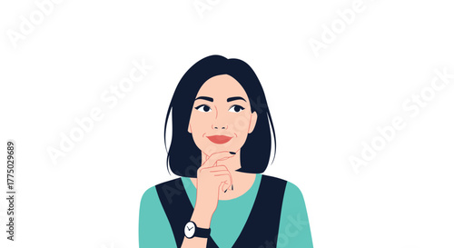 Thoughtful young woman looking up with a pensive expression, considering an idea or making a decision.