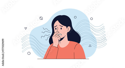Young woman holding her nose due to an unpleasant odor or bad air, expressing discomfort and disgust from strong, foul smells.