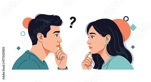 A man and a woman look at each other with thoughtful expressions, a question mark between them indicating confusion or a dilemma.