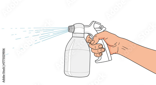An illustrated hand holds a translucent spray bottle, releasing a fine stream of liquid from its nozzle, suggesting cleaning or watering action.
