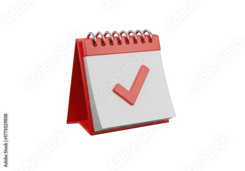 3D illustration of a red calendar with a checkmark representing the schedule and completion of work, isolated on a transparent background. 3D calendar icon with date markers