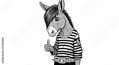 Melancholy mule expressing approval despite inner turmoil in monochromatic illustration