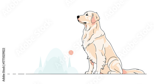A cream-colored Golden Retriever dog sits patiently and looks up, with a minimalist background featuring soft shapes and a small red dot.