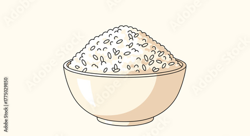A simple cartoon illustration of a white bowl filled with a large serving of fluffy, freshly cooked white rice, piled high on a light background.