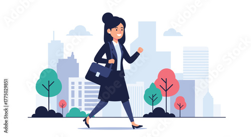 Professional businesswoman walking briskly through a modern city park with buildings and trees in the background.