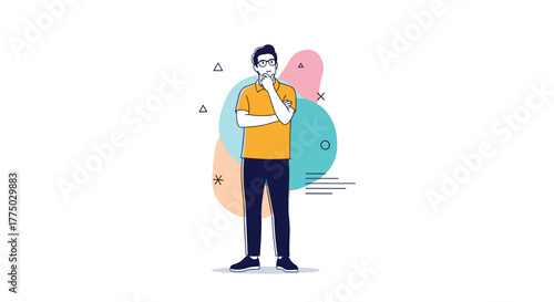 A thoughtful man in glasses and a yellow shirt stands with his hand on his chin, contemplating amidst a minimalist, abstract background.