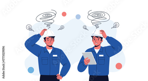 Two confused male workers in hard hats and blue uniforms appear stressed with swirling lines above their heads, indicating problems or difficult decisions.