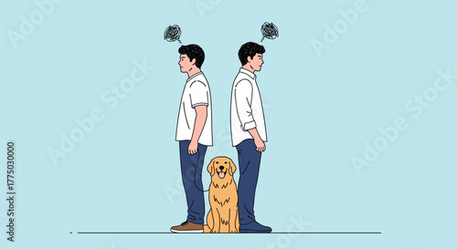 Two men stand back-to-back with troubled thoughts, while a happy golden retriever sits between them, symbolizing common ground.