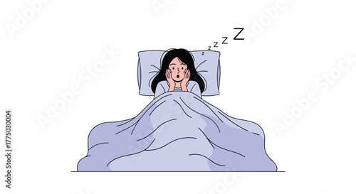 A young woman wakes up abruptly from sleep in her bed, looking startled and shocked with wide eyes and hands on her face.