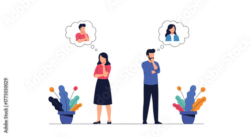 A man and a woman stand separately, each deep in thought about a person of the opposite gender, symbolizing dating, relationships, or gender perspectives.
