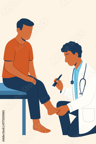 Flat vector of adult receiving foot care checkup for diabetes complications