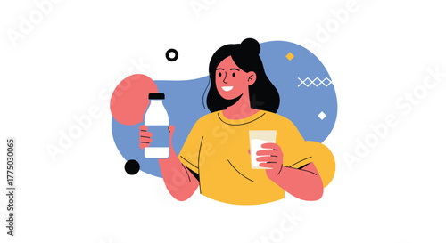 Smiling young woman promotes healthy nutrition by holding a bottle of milk and a glass of milk against an abstract background.