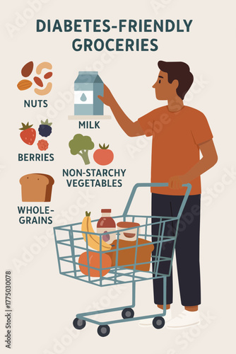 Flat vector of adult choosing diabetes-friendly groceries with labeled food items
