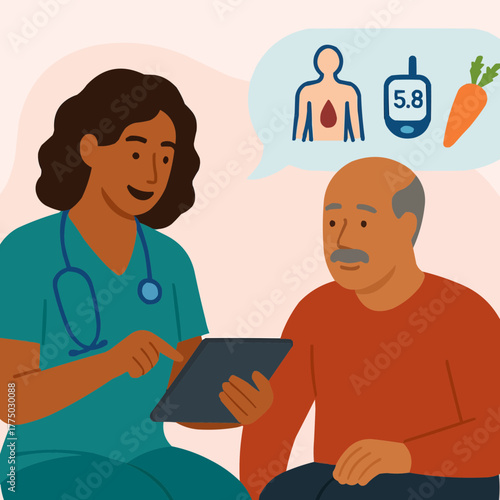 Flat vector of health coach guiding adult client through diabetes lifestyle changes with tablet