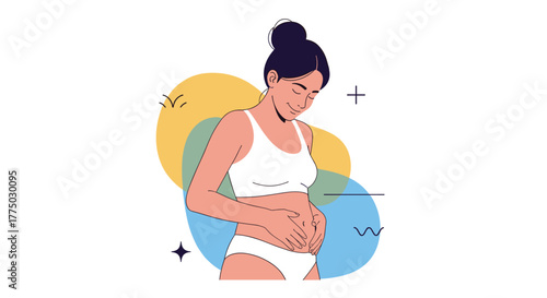 Woman gently caressing her stomach, representing pregnancy, maternity, and overall female health and well-being.