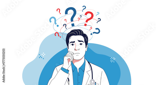 Concerned male doctor with a thoughtful expression and question marks swirling around his head, representing confusion or medical dilemma.