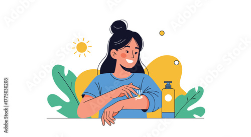 Smiling woman applying cream to her arm outdoors, promoting healthy skincare and sun protection during sunny weather.