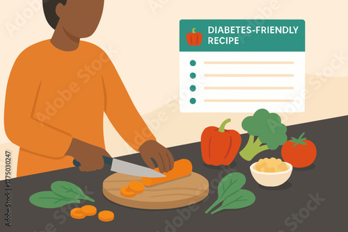 Flat vector of person preparing healthy meal with diabetes-friendly ingredients and recipe card