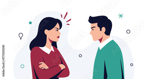 A couple stands facing each other with angry expressions, symbolizing a conflict or misunderstanding in their relationship.