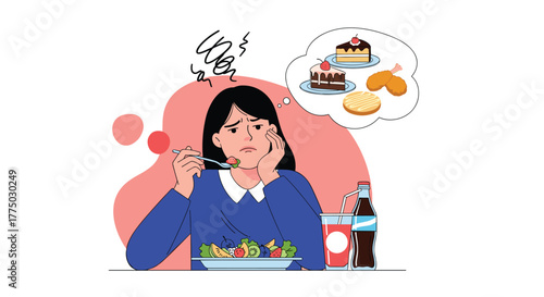 A woman feels conflicted and disappointed while eating a healthy salad, intensely craving unhealthy but tempting foods like cake and fried chicken.