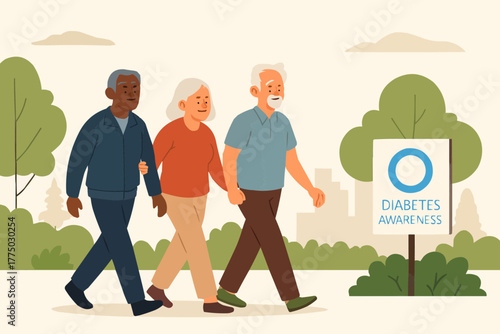 Flat vector of middle-aged people walking together in park with diabetes awareness signage