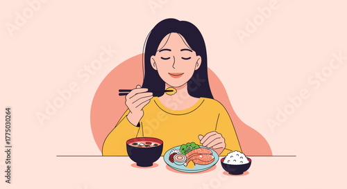 A happy woman enjoys a delicious and healthy Japanese meal of salmon, rice, and miso soup, savoring each bite with closed eyes.