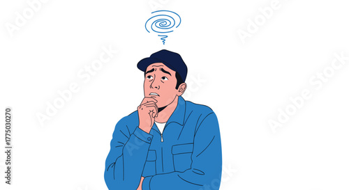 An illustration of a man in a blue uniform with a perplexed expression, looking up at a swirling symbol that represents his confusion.