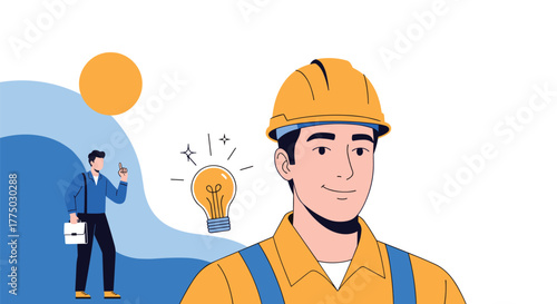 An engineer and a businessman share innovative ideas, depicted with a glowing lightbulb symbol, representing professional collaboration and creative solutions.