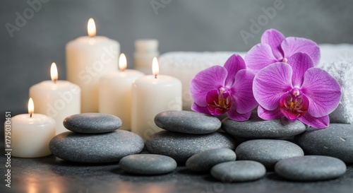 Serene Spa Still Life: A tranquil spa still life features soft candlelight, smooth stones, and vibrant orchid blossoms, evoking feelings of relaxation and well-being. 