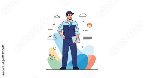 An illustration of a skilled male worker wearing a cap and overalls, holding a tablet, amidst minimalist shapes and clouds, symbolizing service and expertise.