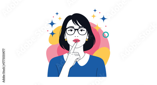 A thoughtful woman wearing glasses with her finger on her lips, surrounded by abstract shapes and sparkling elements, conveying an idea or a secret.