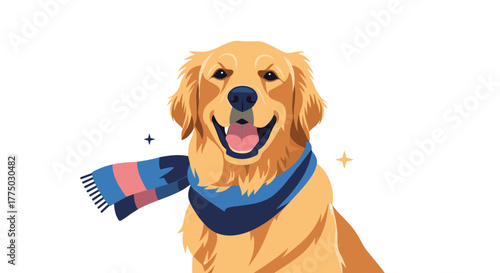 A happy cartoon golden retriever dog with a cheerful expression, wearing a colorful striped scarf, depicted on a plain white background.
