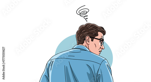 A man wearing glasses and a blue shirt looks back over his shoulder with a confused or perplexed expression, indicated by a swirl above his head.