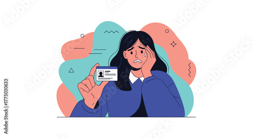 A distressed woman looks worried while holding an ID card, perhaps feeling overwhelmed by identification issues or personal data concerns.