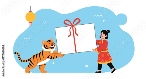 A cheerful tiger and a person dressed in red traditional clothing present a big gift box with a red ribbon for a celebration.