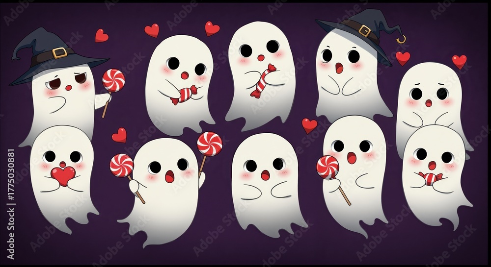Obraz premium Spooky Sweethearts: An adorable group of cartoon ghosts, each with unique expressions, holding candy hearts, exuding cuteness and Halloween cheer.