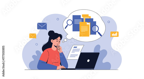A thoughtful woman uses a laptop, contemplating document search and data analysis for her work.
